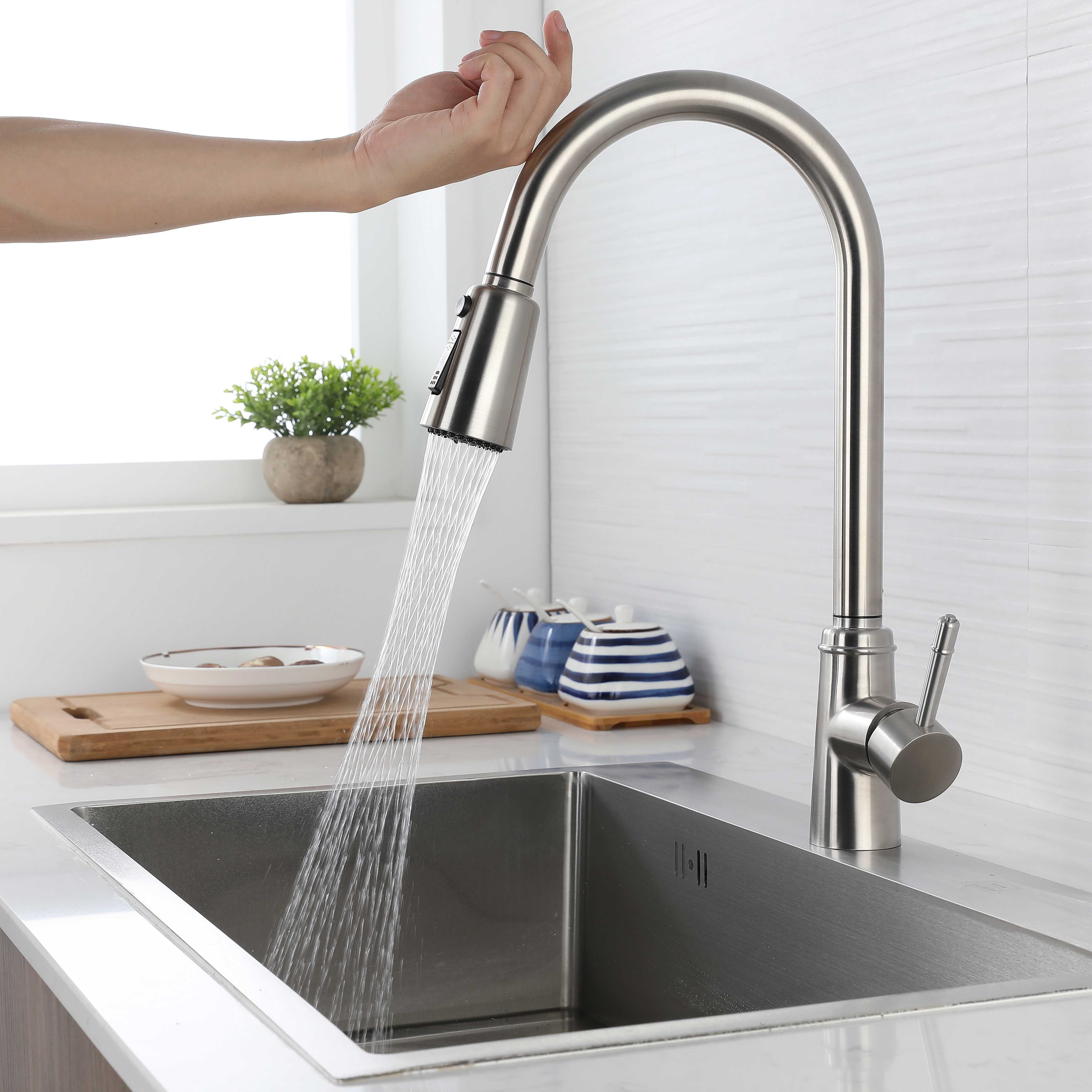 Commercial  Kitchen Faucet Touch Sensor Control Pull Out Hot Cold Water Tap OEM retractable kitchen faucet