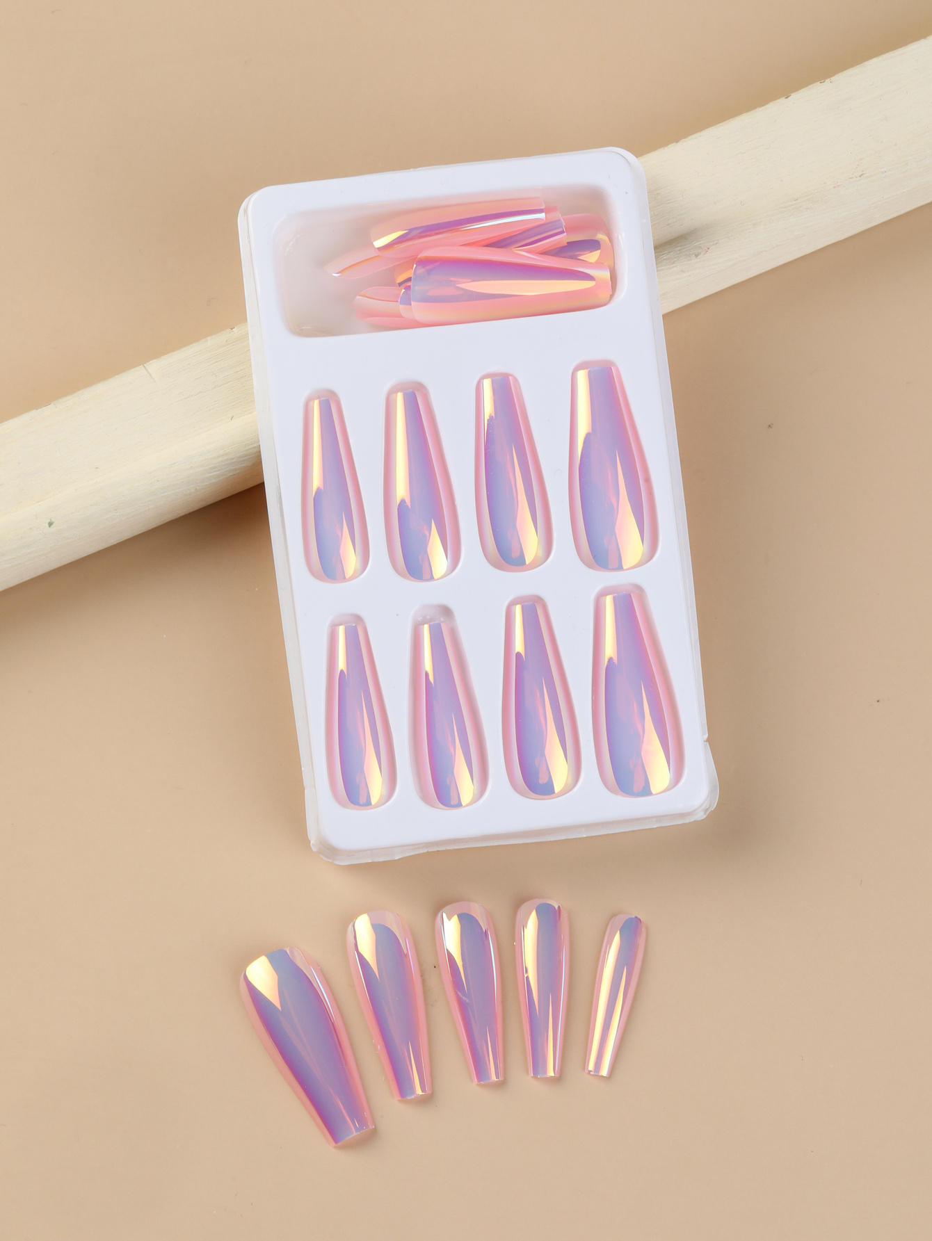 Ins popular 24pcs/box ABS Long Coffin Jelly Glue Artificial Nail tips French Ballerina Glazed Mirror Color False Fingernails tip