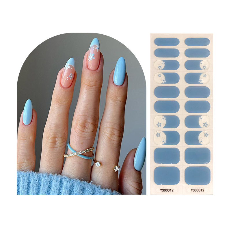 3D Long Lasting Gel Nail Sticker Wraps French Blue Flower  Semi-cured UV Decals For Girls Women UV Lamp