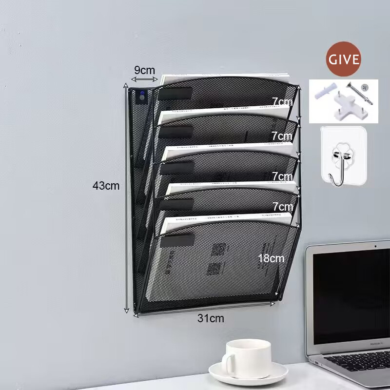 Mesh Hanging Wall File Organizer 5 Tier Vertical Mount Durable Wall File Holder with Bottom Flat Tray for Office Home