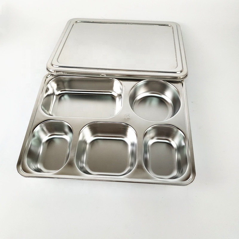 304 Stainless Steel Rectangle Thali Dining Plate Set 5 Compartment lunch box mess tray