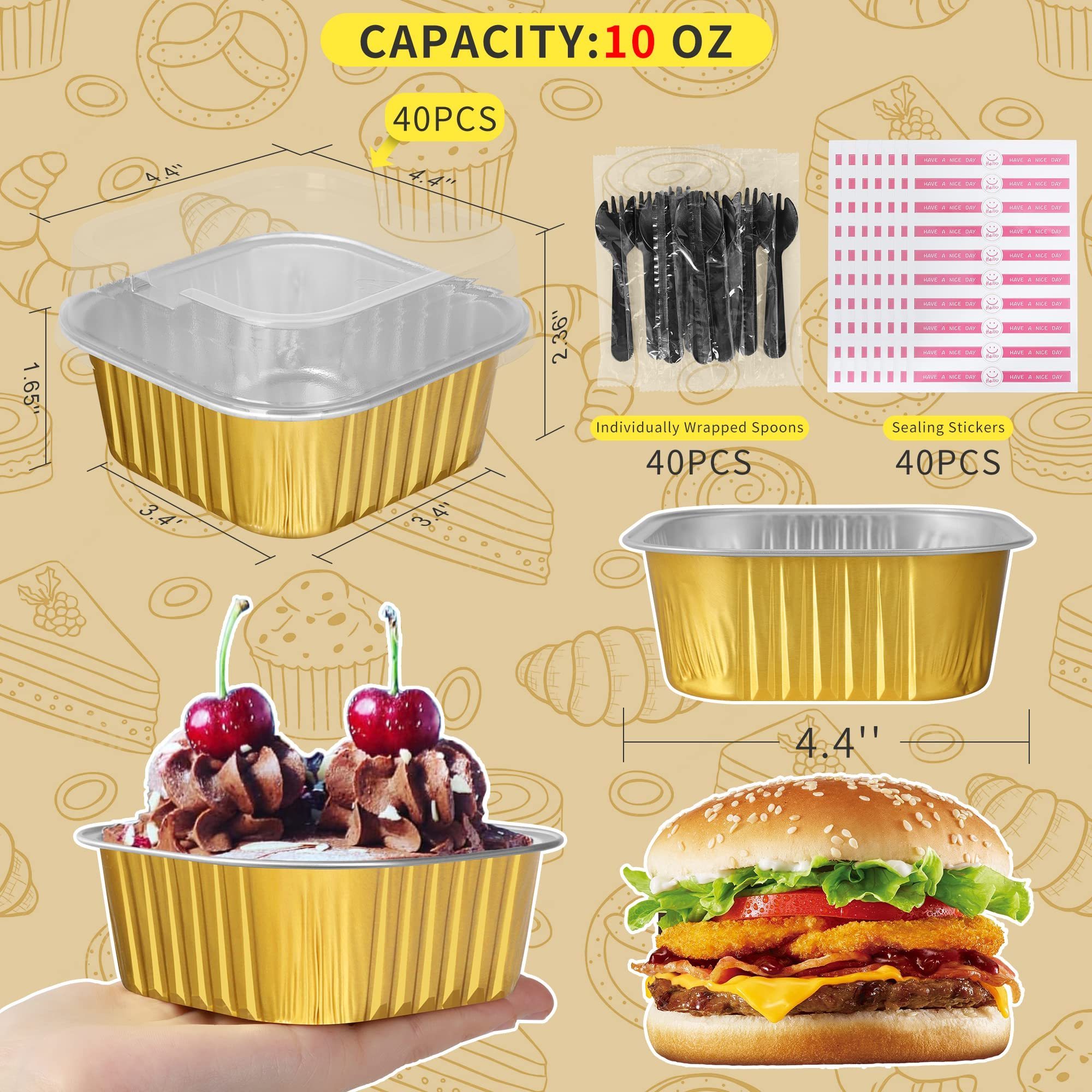 Disposable Square Baking Pans Cupcake Cups Individual Dessert Containers 10oz Mini Cake Pans with Lids Aluminum Foil Pans