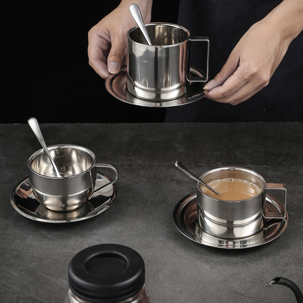 Lihong Stainless Steel Coffee Cups Set Espresso Cups Double Walled Coffee Mugs Drinkware for Latte Cappuccino Milk Tea Cup