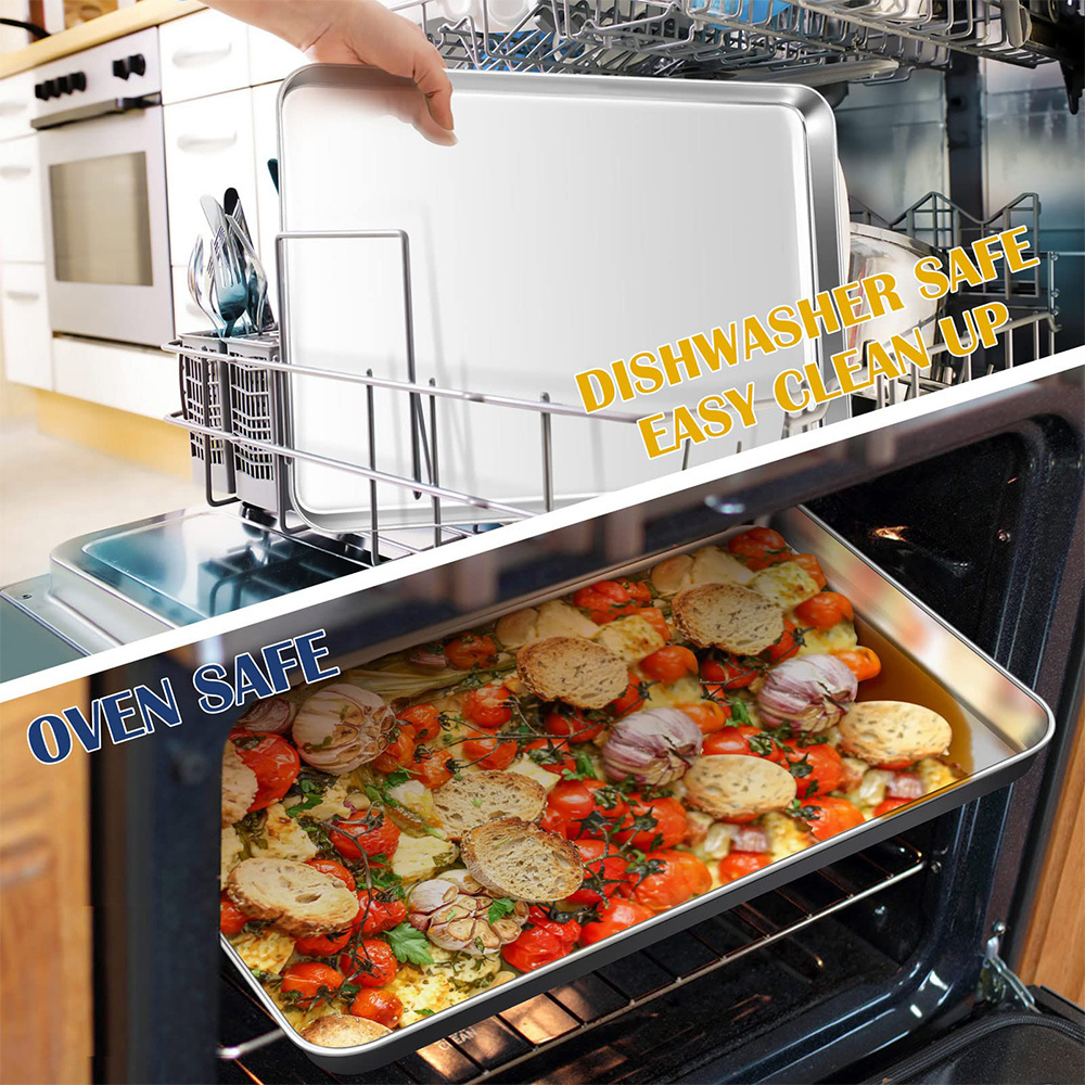 Rectangle Non Toxic Durable Use Mirror Finished Baking Cookie Sheet Set of 3 Stainless Steel Baking Sheets Pan Oven Tray