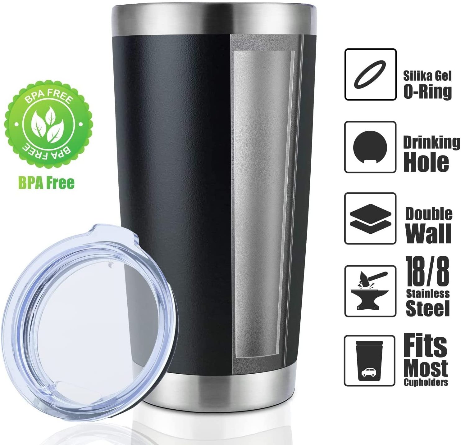 Double Wall Vacuum Insulated Travel Mug Powder Coated Coffee Cup Powder Black 20 oz Stainless Steel Tumbler Bulk with Lid