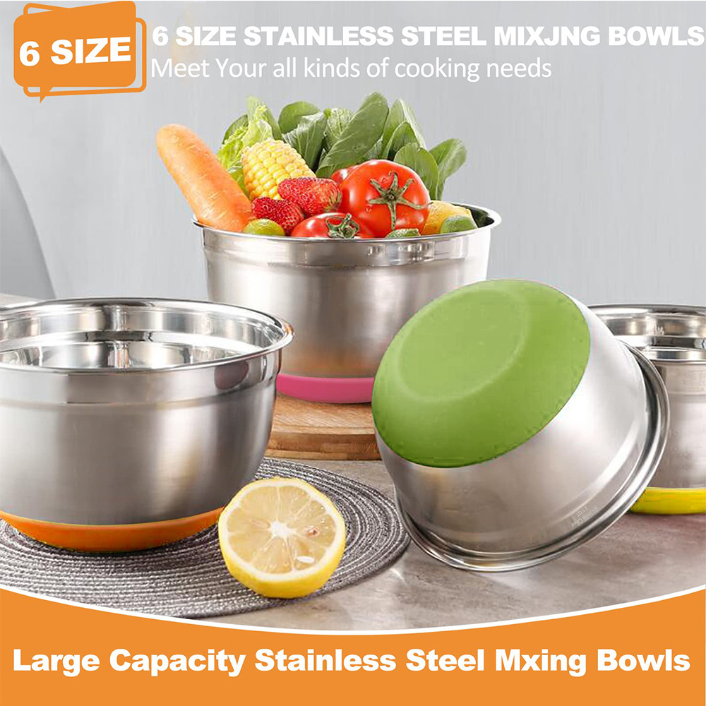 Salad Bowls with Airtight Lids Stainless Steel Bowls Marks Colorful Non-Slip Bottoms for Metal Mixing Serving Bowls