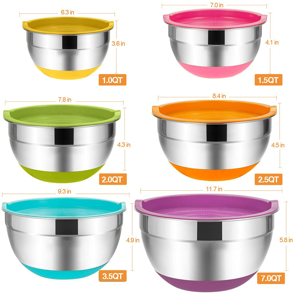 Salad Bowls with Airtight Lids Stainless Steel Bowls Marks Colorful Non-Slip Bottoms for Metal Mixing Serving Bowls