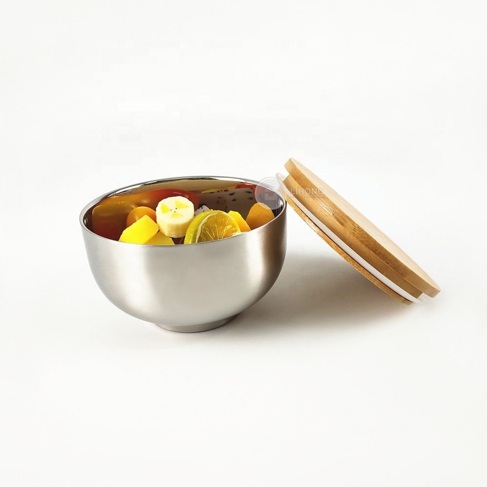 New Product idea 2020 Stainless Bowl With Bamboo Lid LeakProof Metal Bowl Warmer Rice Soup Mixing Bowl