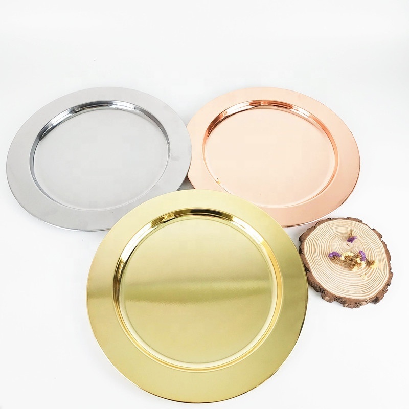 Bulk metal 30cm 33cm stainless steel plate chargers wedding golden decorative fruit plate