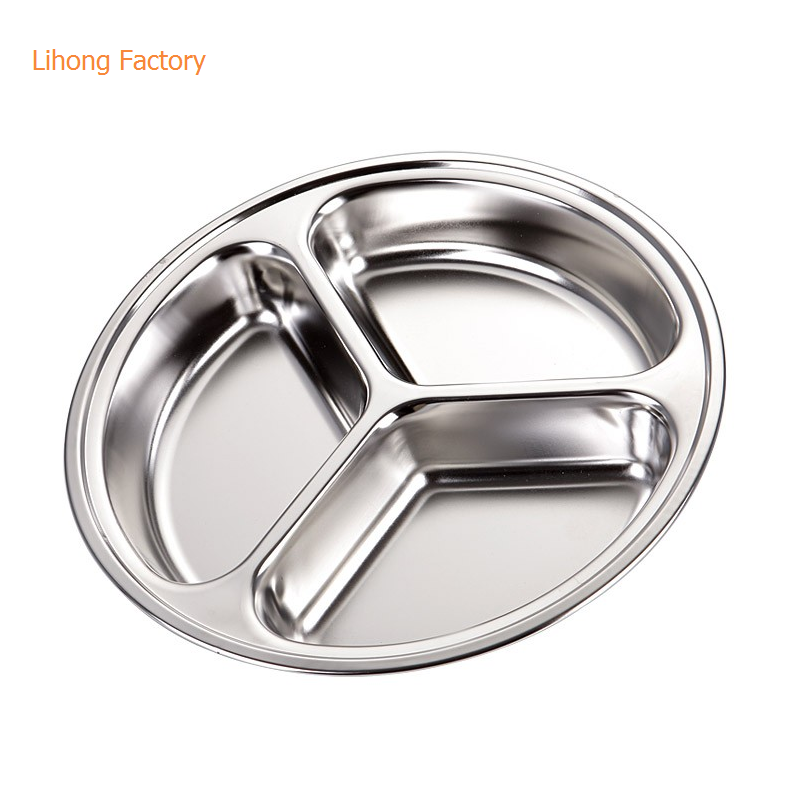 LIHONG Wholesale hot sale stainless steel 3 compartment  round lunch box high quality dinner plate