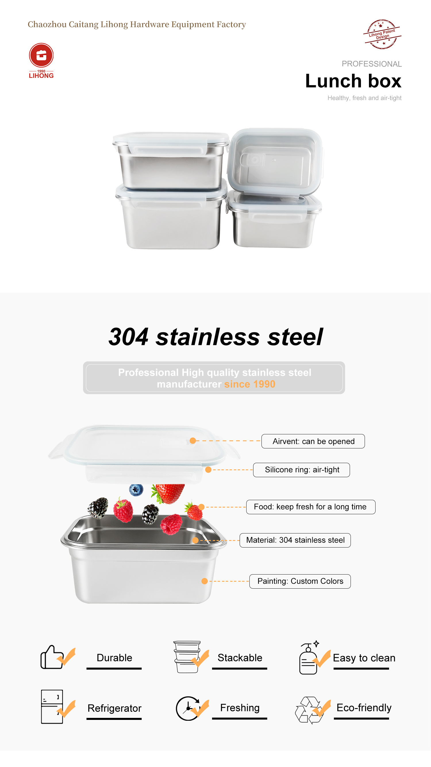 BPA Free Stainless Steel Food Storage Containers custom bento Kids lunch box with Lock