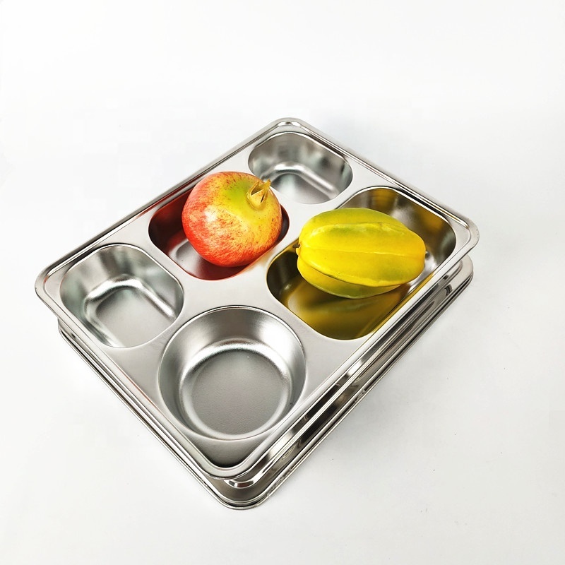 18/8 Stainless steel school rectangular tray/ dinner plates/5 compartment fast food tray