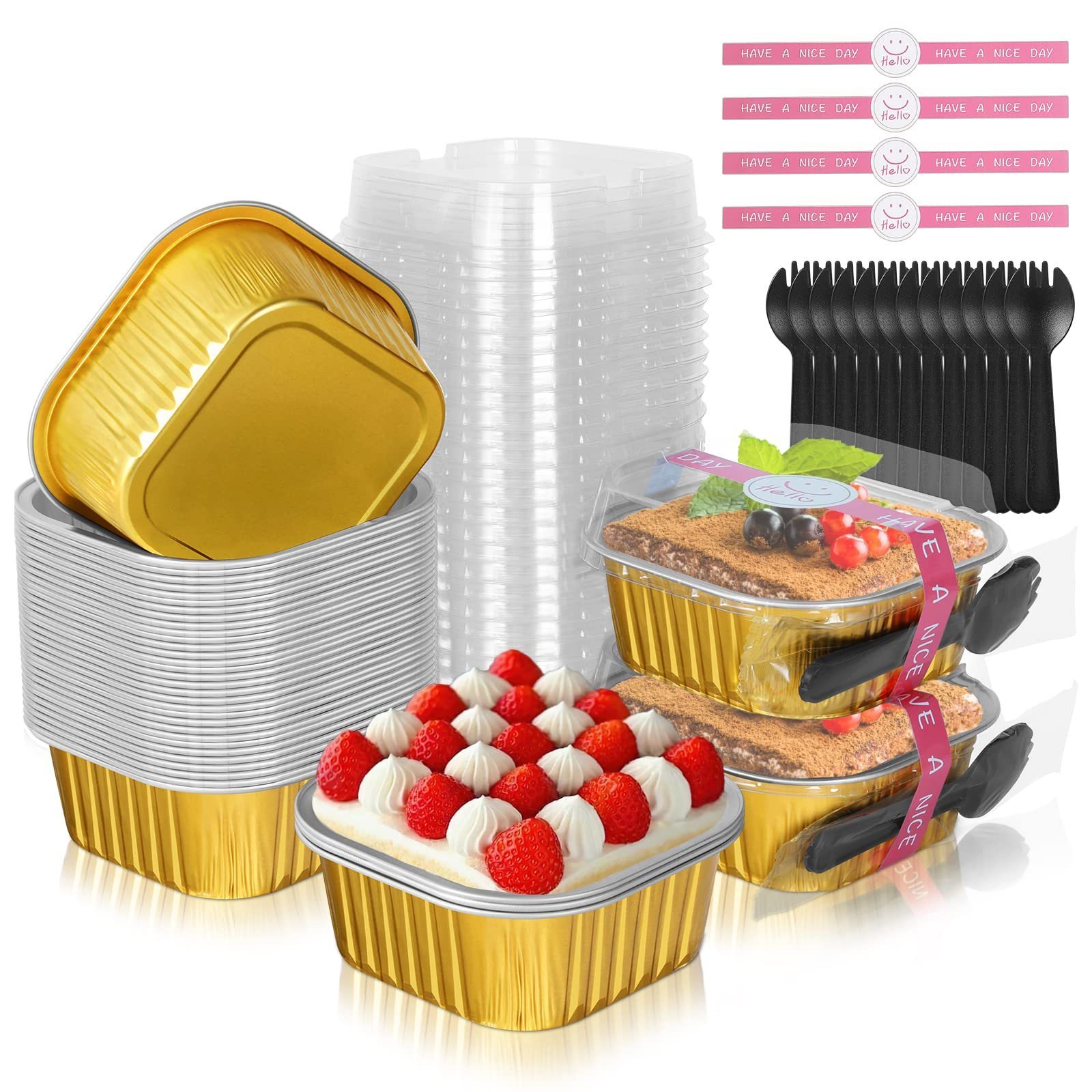 Disposable Square Baking Pans Cupcake Cups Individual Dessert Containers 10oz Mini Cake Pans with Lids Aluminum Foil Pans