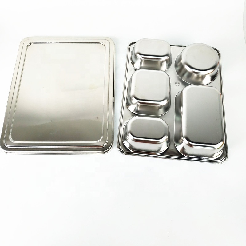 304 Stainless Steel Rectangle Thali Dining Plate Set 5 Compartment lunch box mess tray