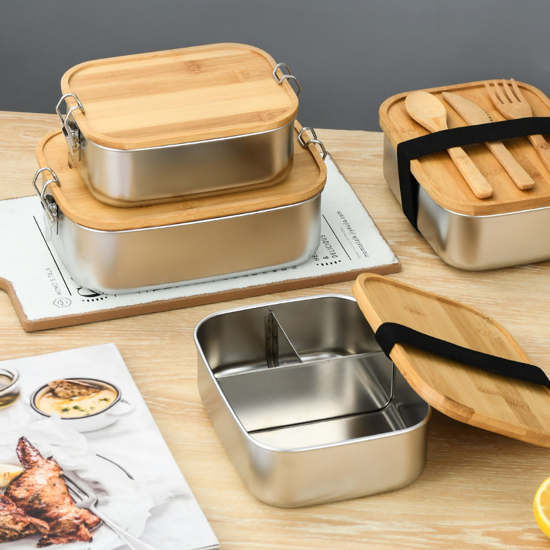 Stainless Steel Divided Three Sections for Lunch Box Eco-Friendly Dishwasher Microwave Safe BPA-Free Bento Box Bamboo Lid