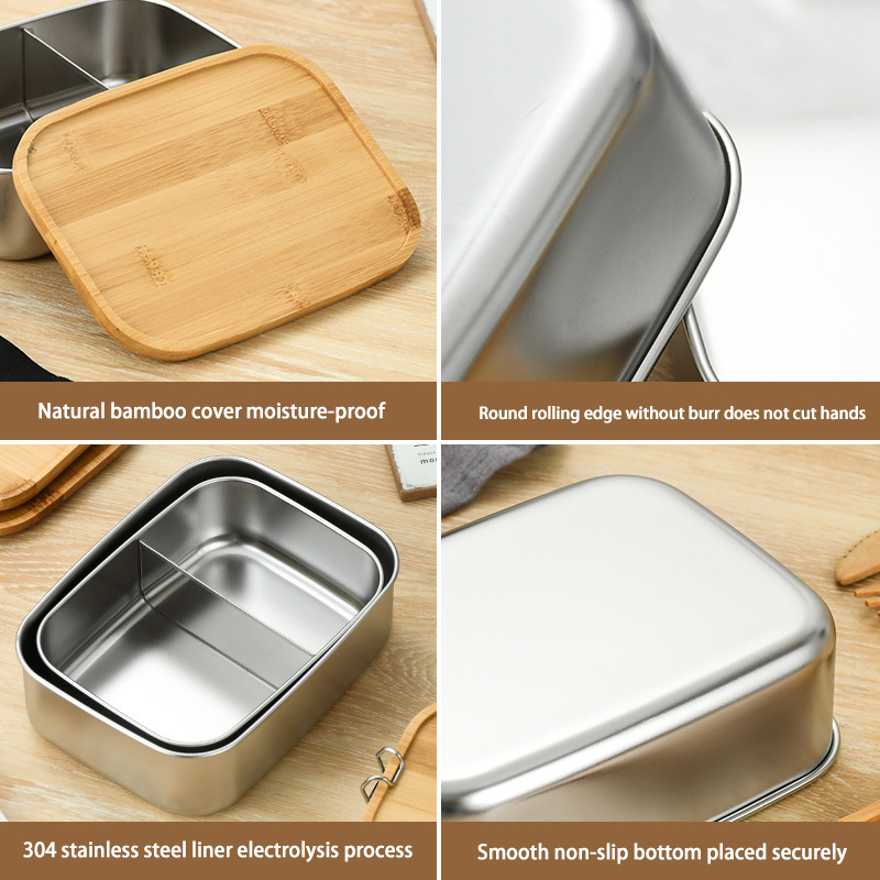 Stainless Steel Divided Three Sections for Lunch Box Eco-Friendly Dishwasher Microwave Safe BPA-Free Bento Box Bamboo Lid