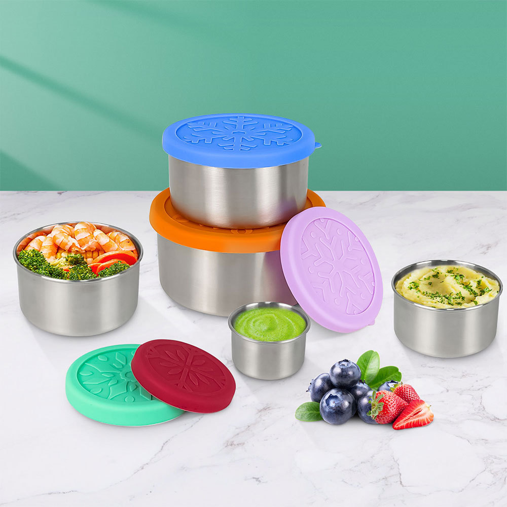 Eco friendly 304 stainless steel container snack lunch box kids silicone sauce container reusable small container with lid