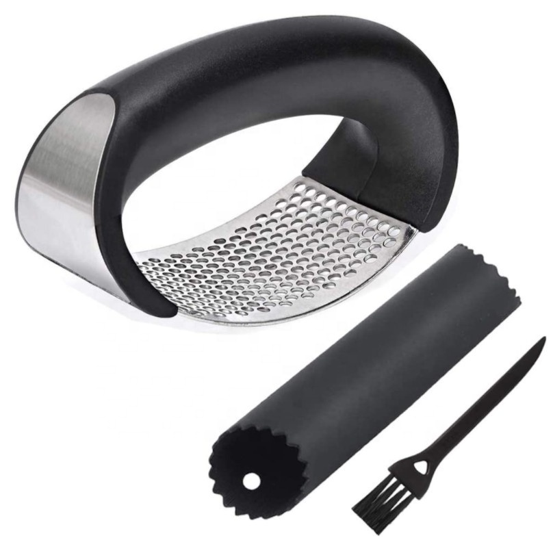 3 piece kitchen gadgets stainless steel garlic press with silicone peeler and cleaning brush