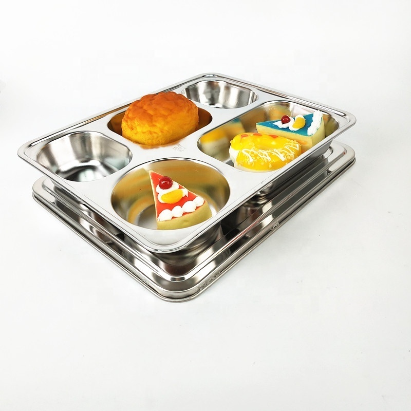 304 Stainless Steel Rectangle Thali Dining Plate Set 5 Compartment lunch box mess tray