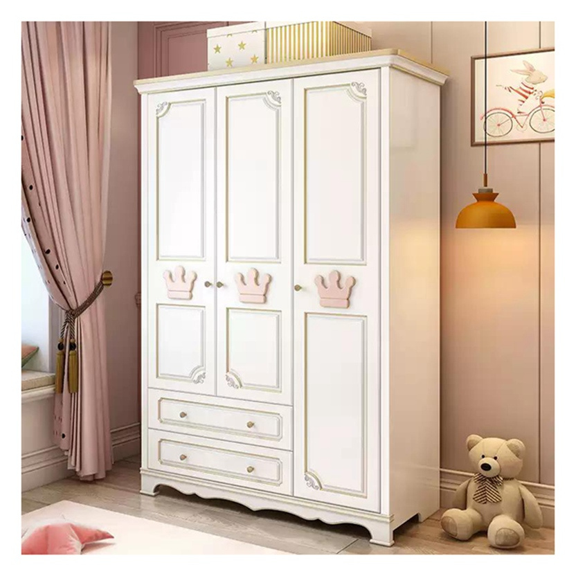 High Quality Eco-friendly Cute Pink Solid Wood Wardrobe with Cute Animal Decoration