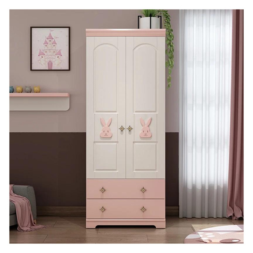 High Quality Eco-friendly Cute Pink Solid Wood Wardrobe with Cute Animal Decoration