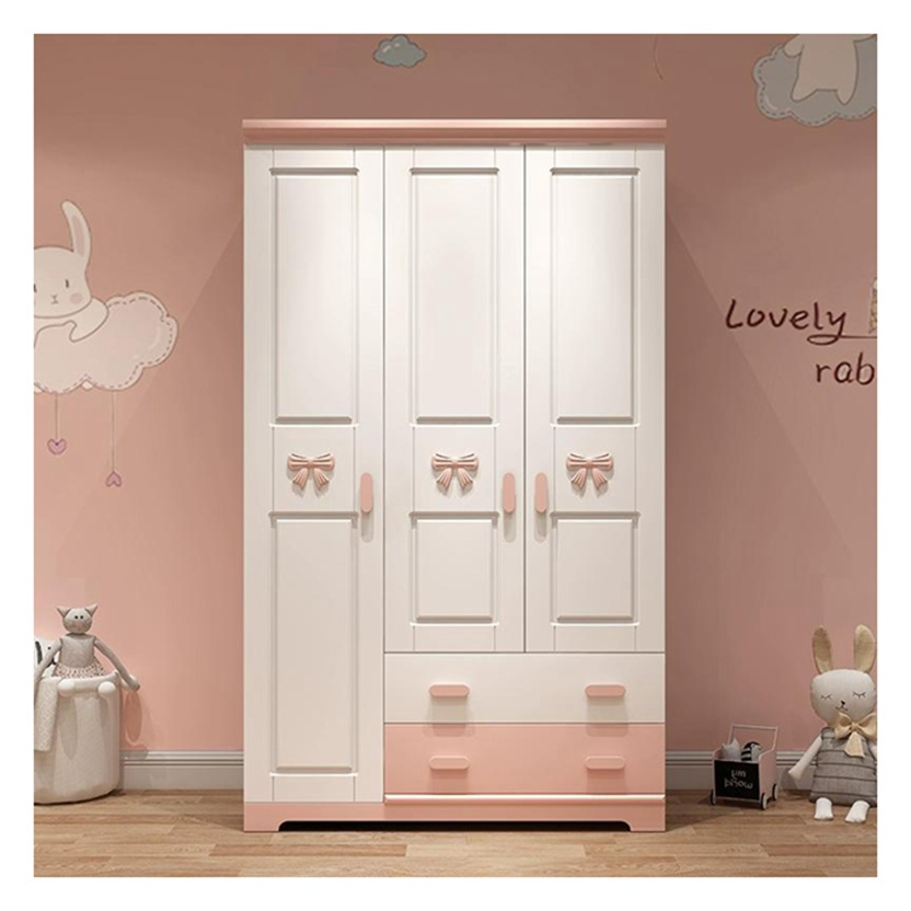 High Quality Eco-friendly Cute Pink Solid Wood Wardrobe with Cute Animal Decoration