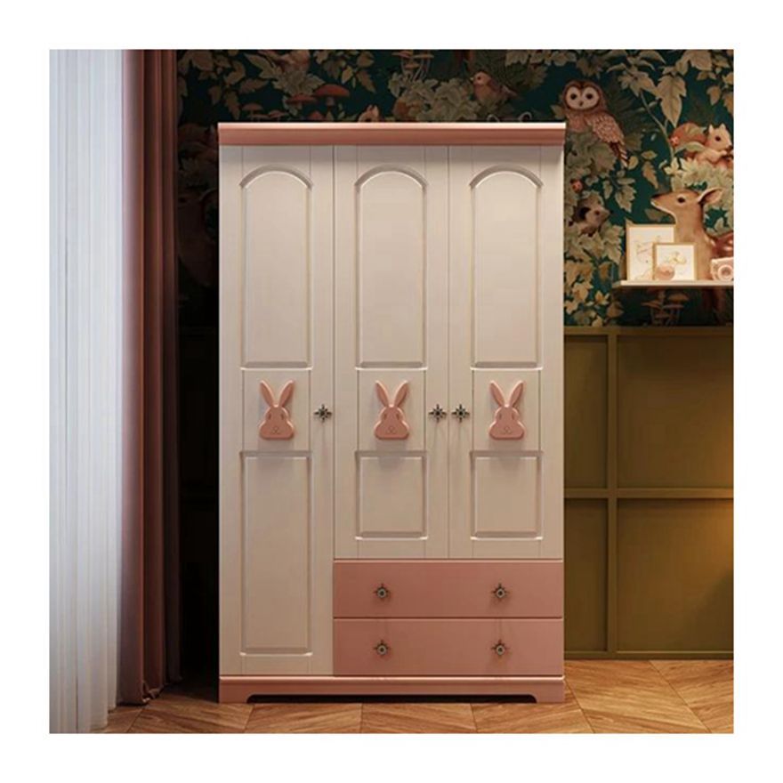 High Quality Eco-friendly Cute Pink Solid Wood Wardrobe with Cute Animal Decoration