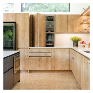 Minimalist European style natural light color wood grain veneer finished solid wood kitchen cabinets