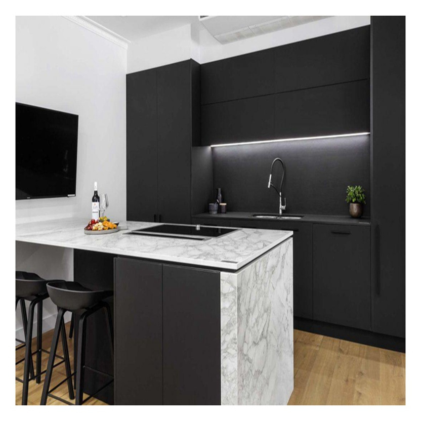 Discount Modern Style Melamine Board Dark Grain Board Doors Solid Wood Kitchen Cabinets For Large Kitchens