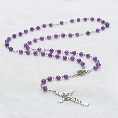 Natural stone amethyst rosary necklace religious catholic cross stainless steel necklace