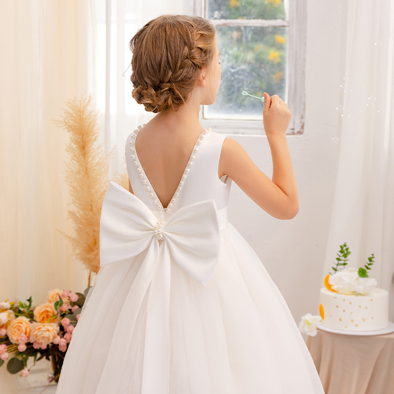 Wedding party white satin top tulle big bow V back tulle long children frock birthday holiday kids dresses for flower girls