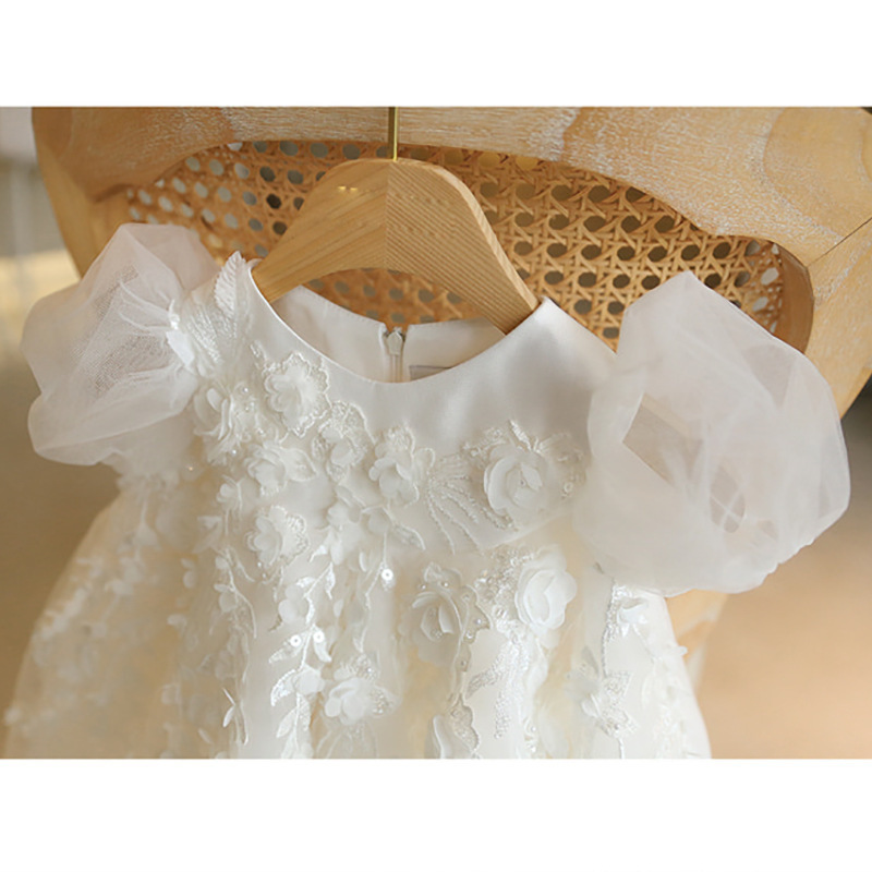 Fashion baby girl's one-year birthday party frock high-waisted princess dress infant toddler white wedding flower girl dress