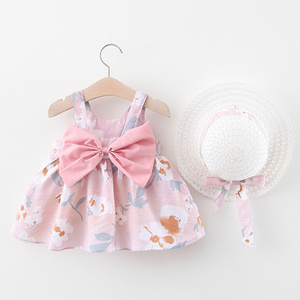 2pcs Set Summer Big Bow Sleeveless Beach Thin Light Sweet Kids Dress Floral Cheap Flower Cotton Baby Girls Casual Dress with Hat