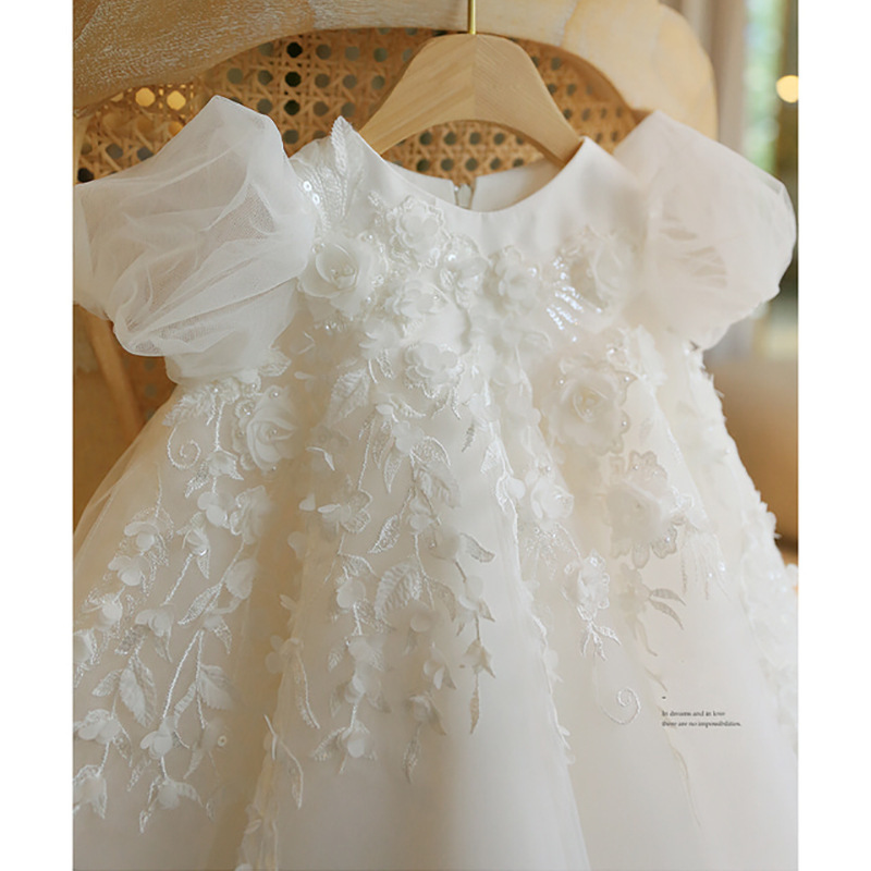 Fashion baby girl's one-year birthday party frock high-waisted princess dress infant toddler white wedding flower girl dress