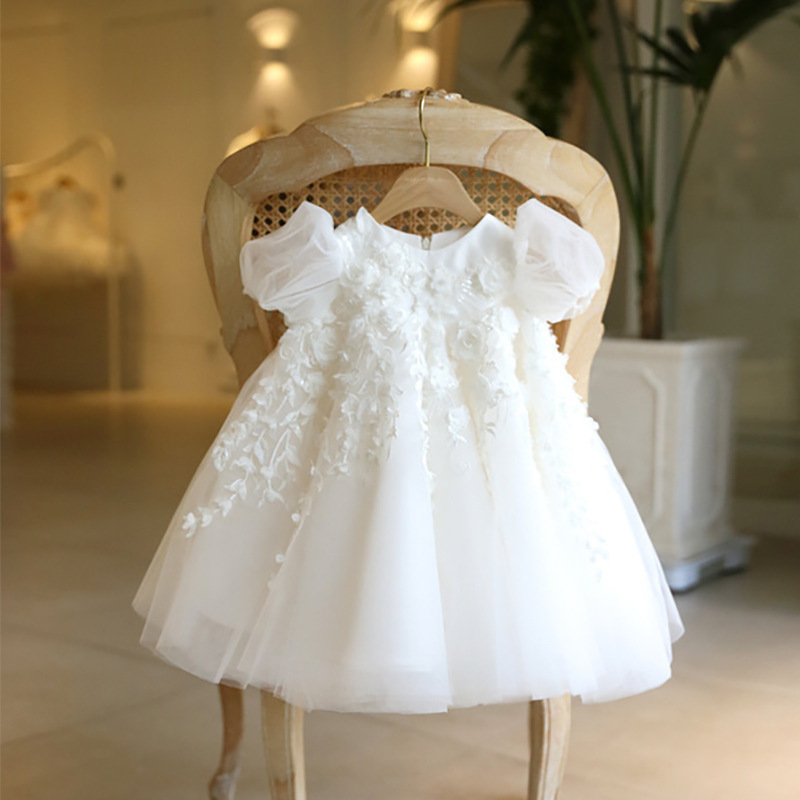 Fashion baby girl's one-year birthday party frock high-waisted princess dress infant toddler white wedding flower girl dress