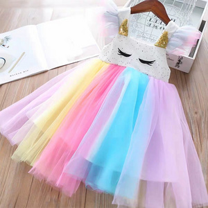 Hot Selling Sweet Colorful Rainbow Fairy Princess Summer Tulle Unicorn Dresses 2-6Years Girl Dress Kid