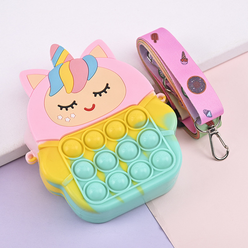 wholesale unicorn coin purse children's messenger bag silicone mini decompression coin purse bubble handbag for gift