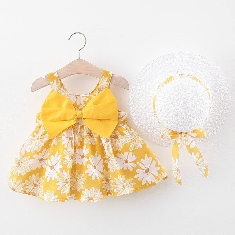 2pcs Set Summer Big Bow Sleeveless Beach Thin Light Sweet Kids Dress Floral Cheap Flower Cotton Baby Girls Casual Dress with Hat