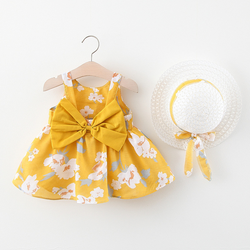 2pcs Set Summer Big Bow Sleeveless Beach Thin Light Sweet Kids Dress Floral Cheap Flower Cotton Baby Girls Casual Dress with Hat