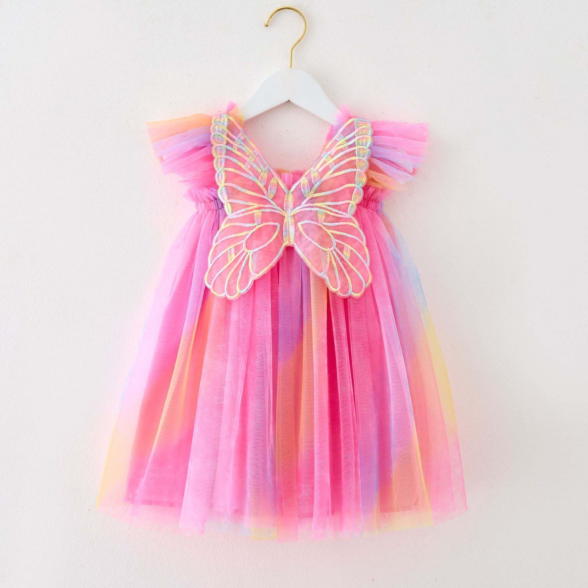 New design children's clothing wholesale summer colorful tulle sleeveless daily wear casual girls dresses with butterfly back