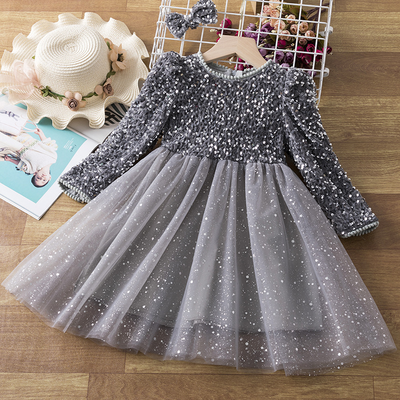 Girls sequined shiny fashion tulle winter style long sleeve christmas red gray children's party dress baby girl princess dress