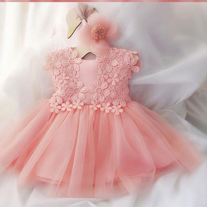 Children white pink lace little princess soft tulle baptism birthday party summer toddler girl kids baby dress