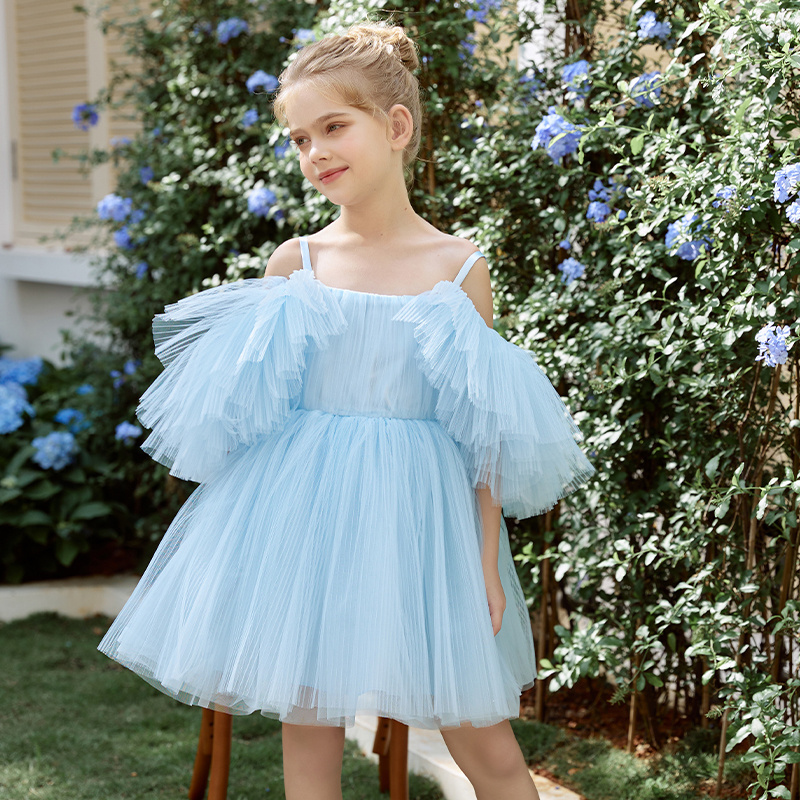 Sky Blue Custom Pleated Tulle Wedding Flower Girl Dress Spaghetti Strap Kids Birthday Party Dress Princess Ball Gown Dress