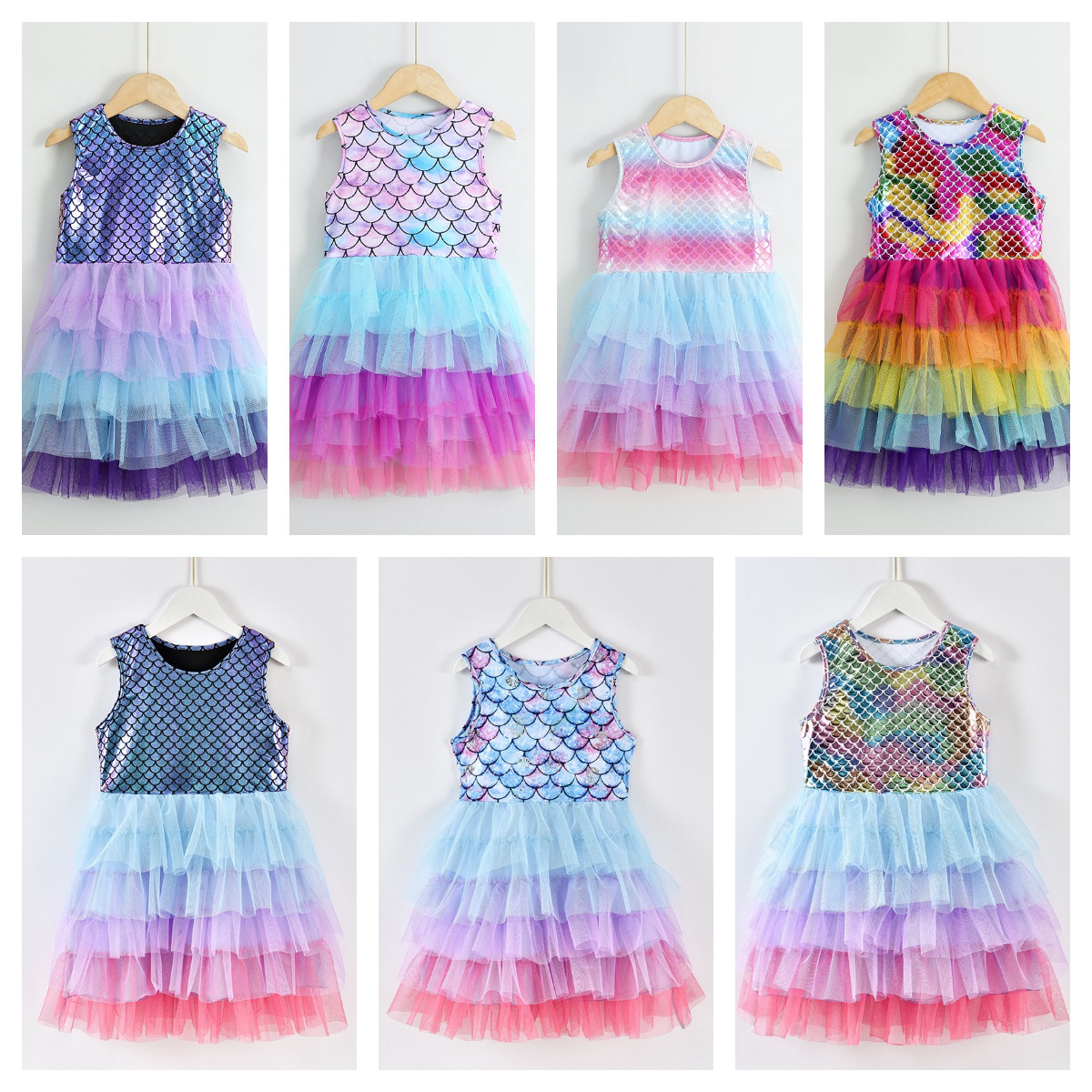 Kids Fashion Cupcake Design Gradient Color mermaid fluffy princess dress Flower Girls Tulle Dress Puffy Party Tutu Dress