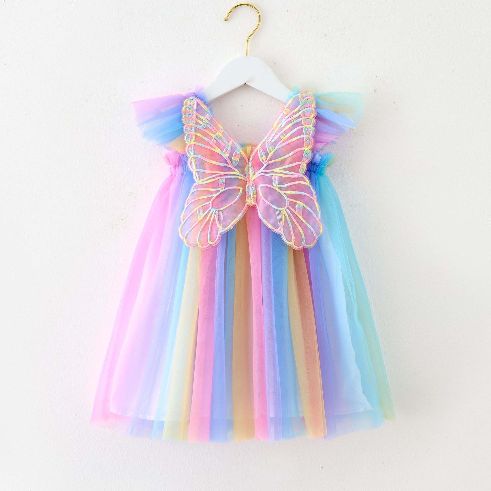 New design children's clothing wholesale summer colorful tulle sleeveless daily wear casual girls dresses with butterfly back