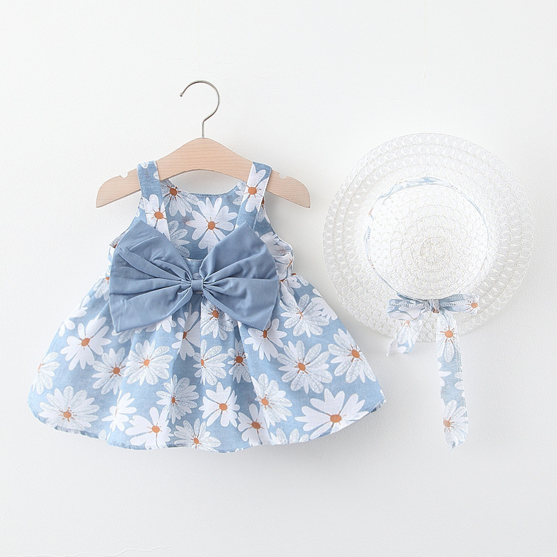 2pcs Set Summer Big Bow Sleeveless Beach Thin Light Sweet Kids Dress Floral Cheap Flower Cotton Baby Girls Casual Dress with Hat