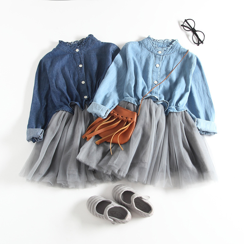 Spring/Autumn New Girls' Dress Bubble Sleeve Denim Princess Dress Fashion Baby Clothes