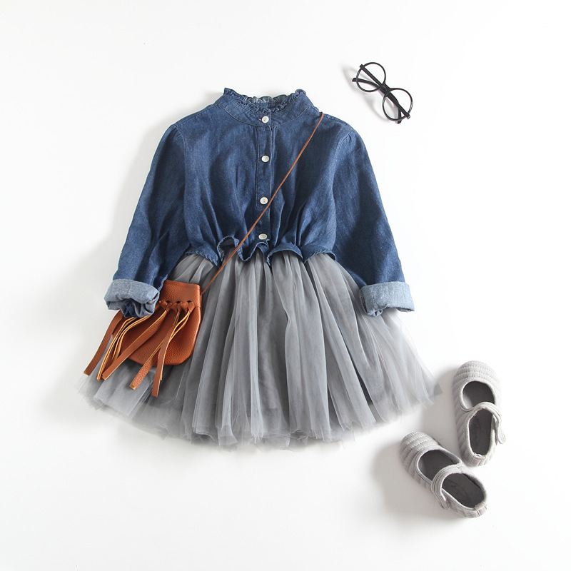 Spring/Autumn New Girls' Dress Bubble Sleeve Denim Princess Dress Fashion Baby Clothes