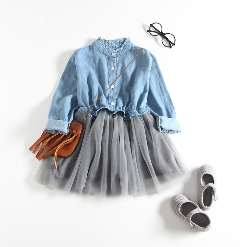 Spring/Autumn New Girls' Dress Bubble Sleeve Denim Princess Dress Fashion Baby Clothes