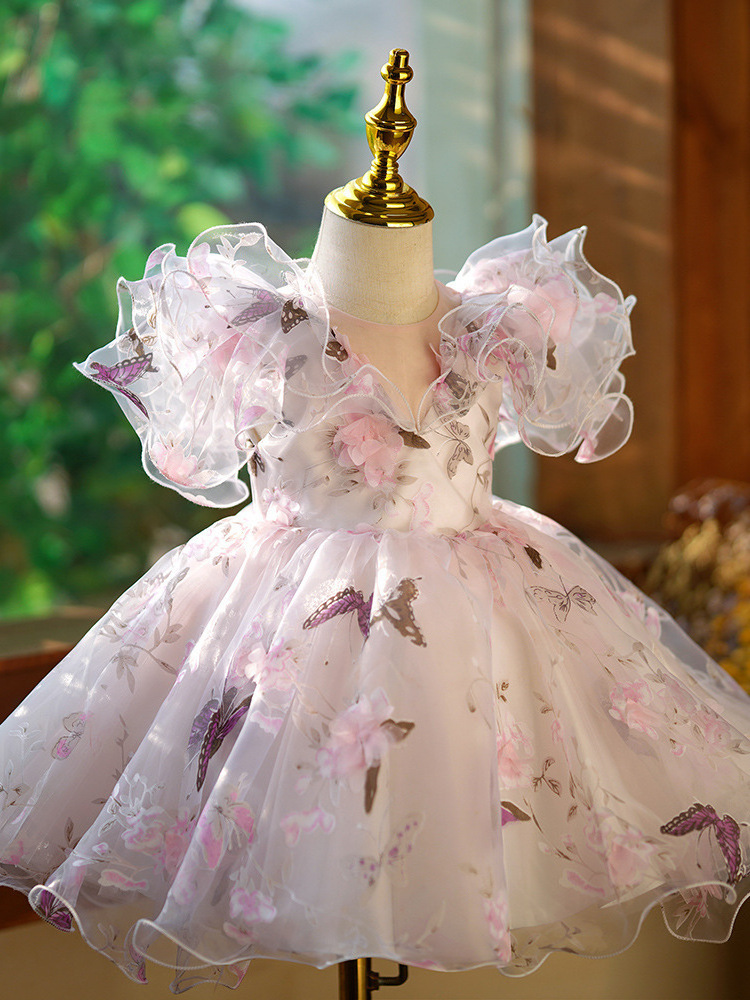 Girls' dress little girl pink purple flower fairy princess dress children host piano performance costume with hairband